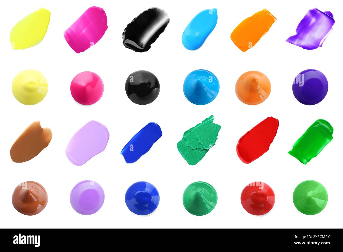Set mit Farbmustern verschiedener Farben, isoliert auf weiß, Draufsicht Stockfoto