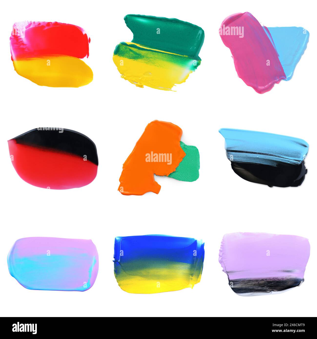 Set mit Farbmustern verschiedener Farben, isoliert auf weiß, Draufsicht Stockfoto