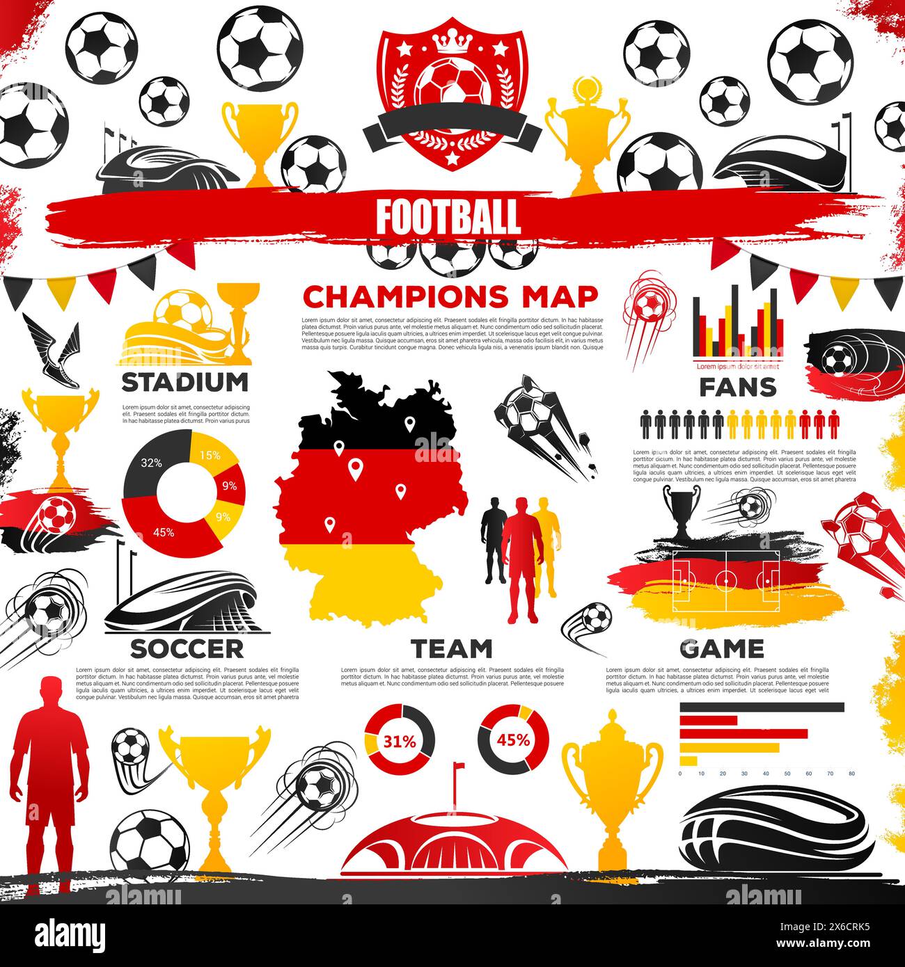 Infografik zur Fußball-Europameisterschaft Deutschland 2024 mit Fußball, Trophäe, Stadion, Champions-Karte, Team, wichtige Aspekte des Turniers für Spiel und Fans, hervorgehoben durch rote, schwarze und gelbe Flaggenfarben Stock Vektor