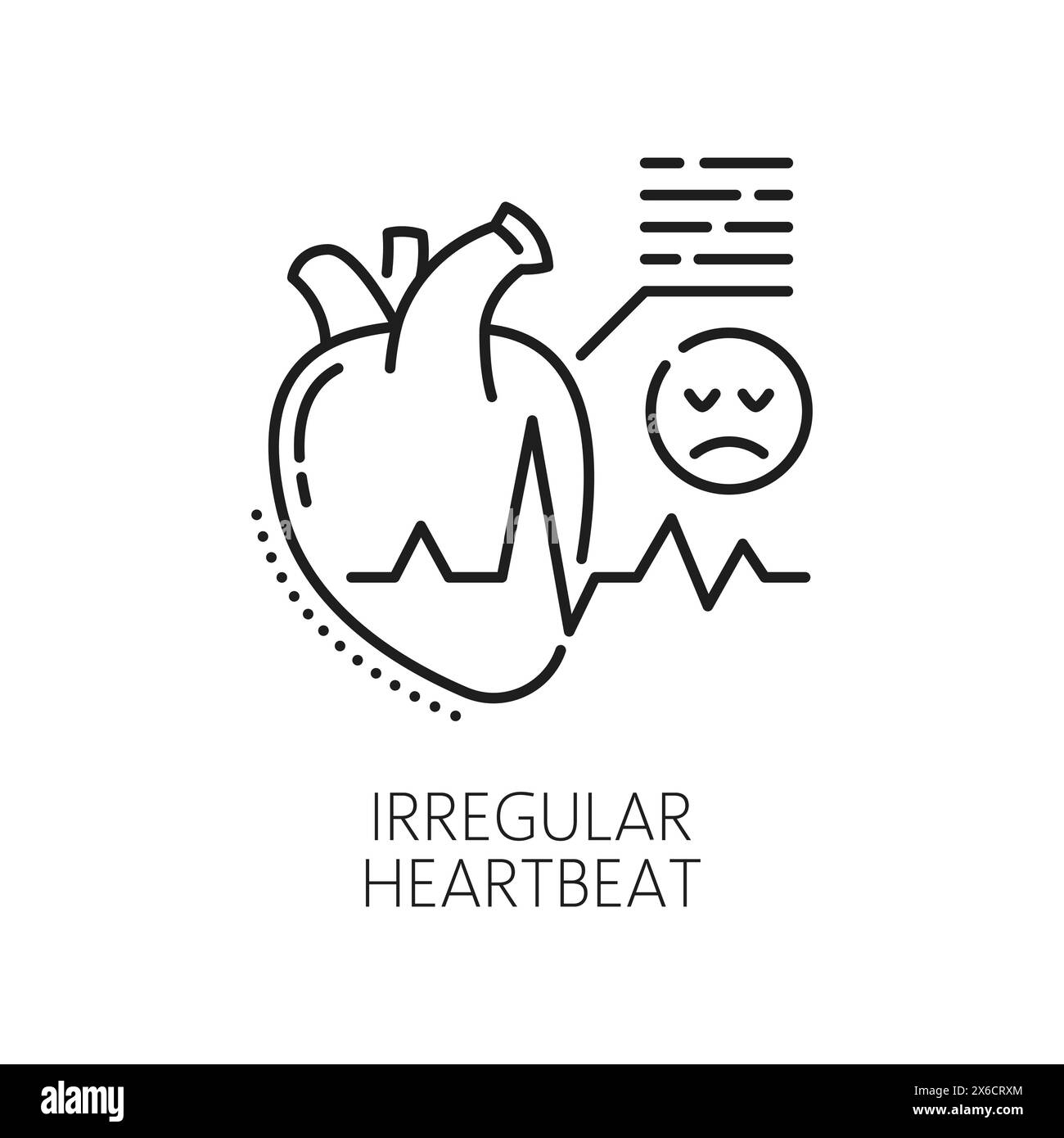 Unregelmäßiger Herzschlag Anämie Symptom Linie Symbol der Hämatologie, körperliche Krankheit, Medizin Wissenschaft. Vektor-Kontur Herz mit Arrhythmie-Herzfrequenz, Tachykardie oder Bradykardie-Herzschlag isoliertes Zeichen Stock Vektor