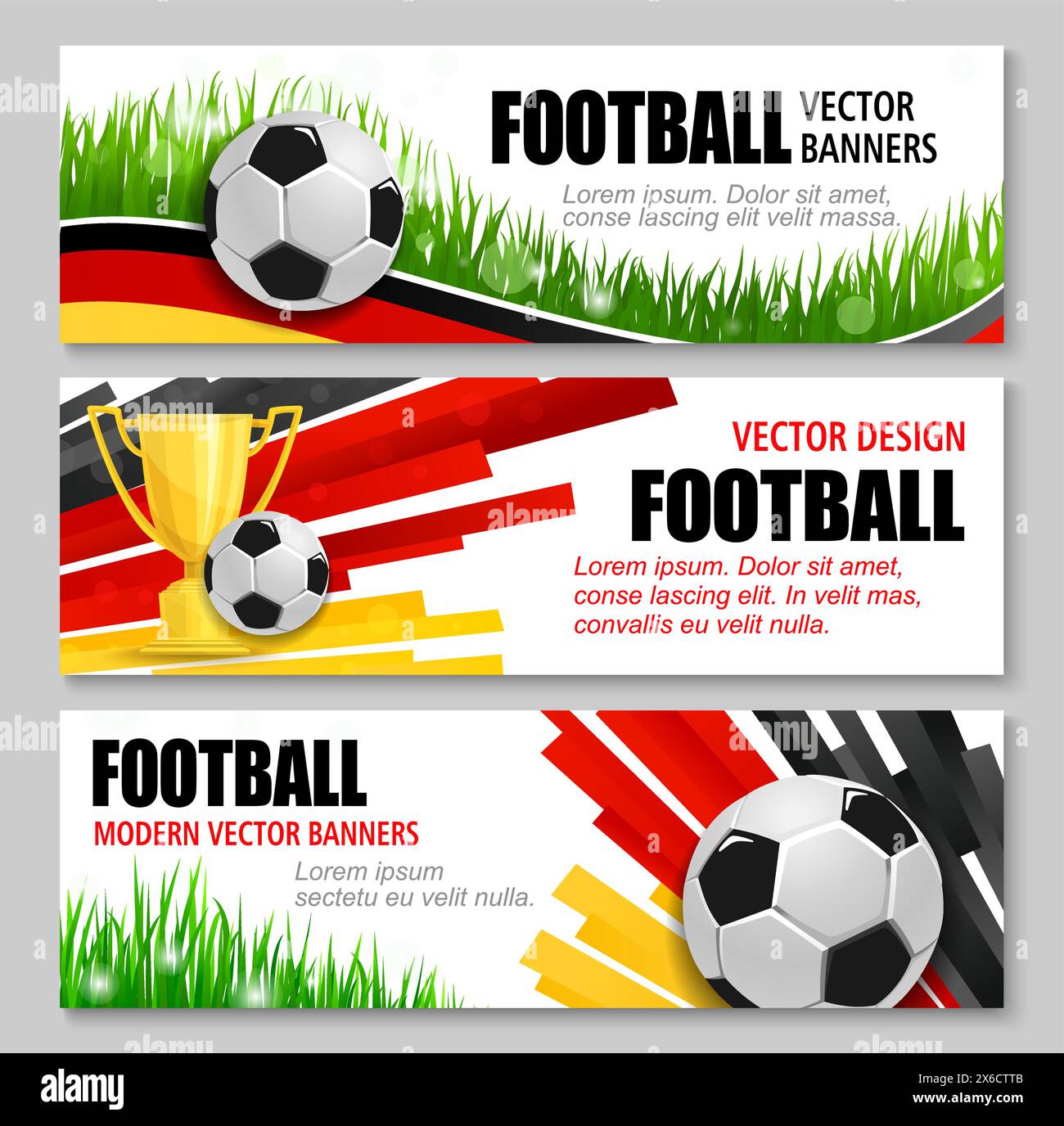 Fußball-Europameisterschaft Deutschland 2024 Banner mit realistischen 3D-Fußballbälle, Trophäen und Gras. Lebendige vektordynamische Hintergründe mit deutscher Flagge in Schwarz, Rot und Gelb, die das Turnier fördern Stock Vektor