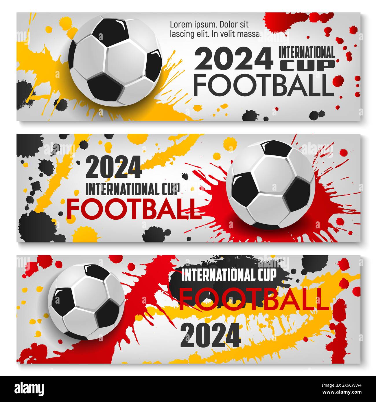 Die Banner der Fußball-Europameisterschaft Deutschland 2024 zeigen Fußballbälle und Farbtupfer in Rot, Schwarz und Gelb, die die deutsche Flagge darstellen. Dynamische Vektor-horizontale Karten für das kommende Turnier Stock Vektor