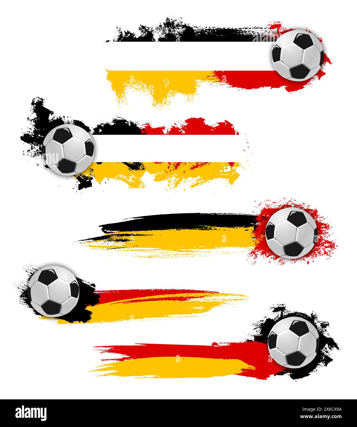 Deutschland 2024 Fußball-Cup Grunge-Banner. Vektor-Fußballbälle mit lebhaften Pinselstrichen in den Farben der deutschen Mannschaftsflagge in Schwarz, Rot und Gelb. Horizontale, kratzende Layoutrahmen für Meisterschaftsveranstaltungen Stock Vektor