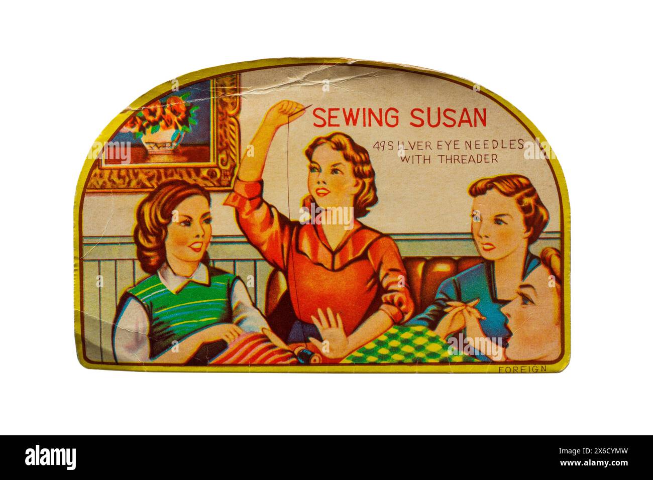 Retro Nähnadeln - Nähen Susan 49 Silberaugennadeln mit Einfädler isoliert auf weißem Hintergrund Stockfoto