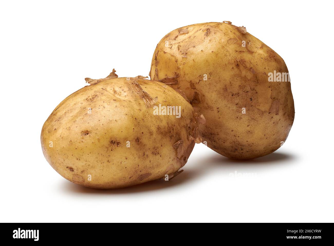 Nahaufnahme von ungeschälten rohen Kartoffeln, stärkehaltigem, knurrigem Gemüse mit isoliertem weißem Hintergrund Stockfoto