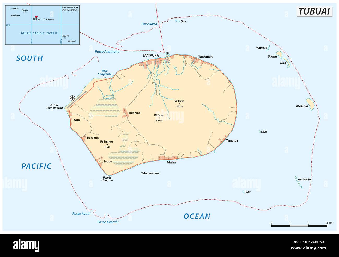 Vektorkarte der Insel Tubuai in Französisch-Polynesien Stockfoto