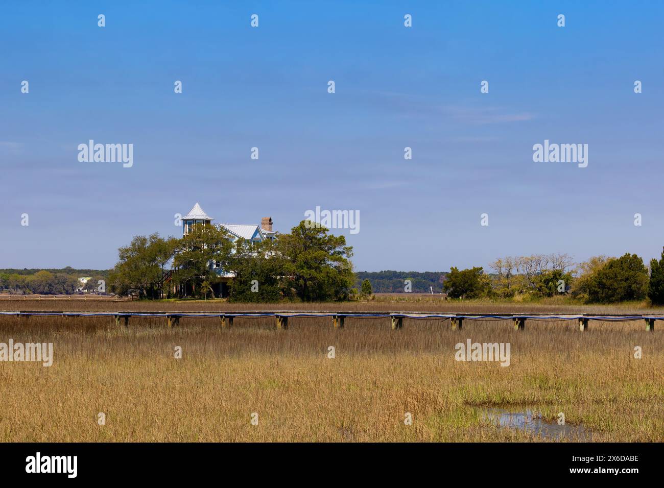 Ein von Bäumen umgebenes Haus liegt am Rande von Feuchtgebieten in der Nähe von Charleston South Carolina, USA. Stockfoto