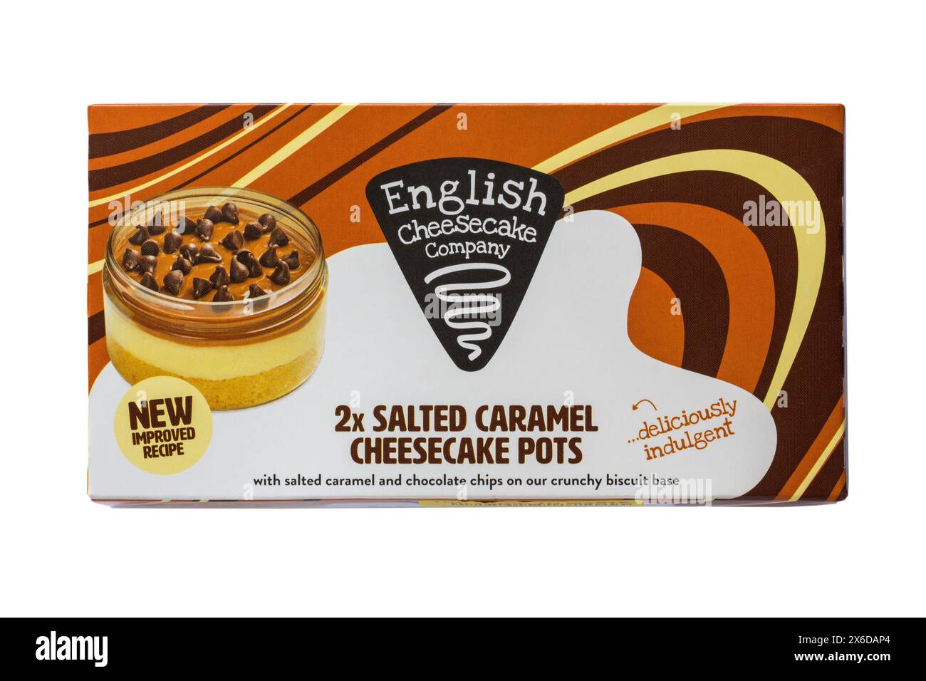 Salted Caramel Cheesecake Töpfe von English Cheesecake Company isoliert auf weißem Hintergrund Stockfoto