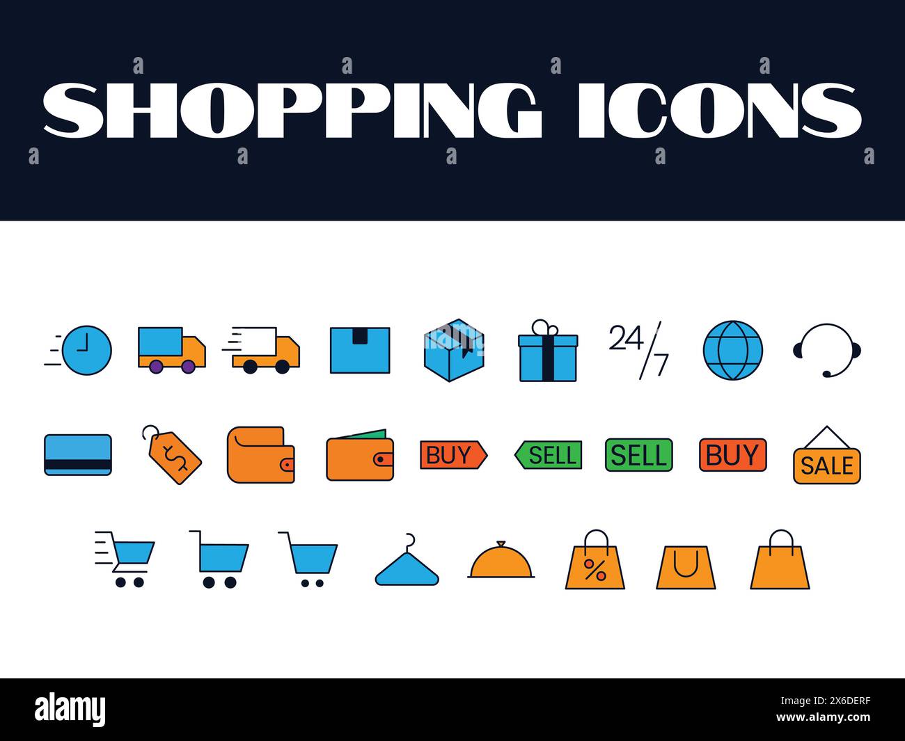 Einkaufssymbole Set Vektor. Illustrationssymbole für Online-Shopping. Einkaufstasche, Warenkorb Vektor Online-Bestellung Symbole Vektor Stock Vektor
