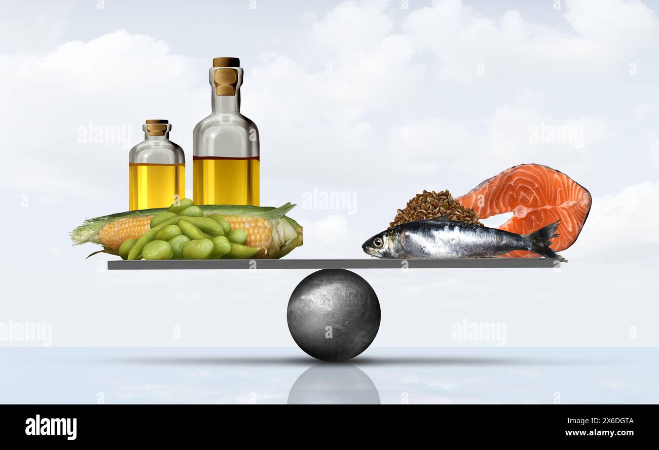 Omega-6-zu-3-Verhältnis und Omega-6-Fettsäuren aus Mais- und Sybonenöl im Vergleich zu fettem Fisch als Lachsardinen und Leinsamen als Omega-3-Nährstoff Stockfoto