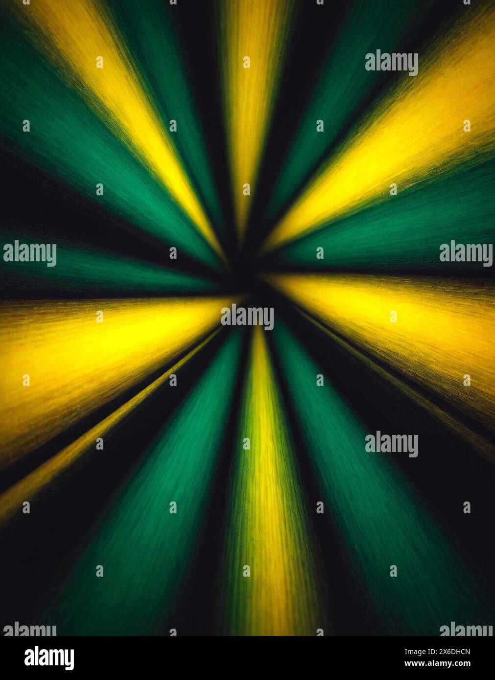 Organischer Tunnel in gebürsteter Textur mit Fluchtpunkt und Unschärfe in deckendem Grün und dunkelgoldenem Gelb und schwarzem Banner im Kopierraum Stockfoto