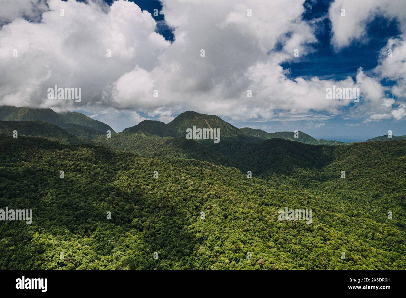 Blick aus der Vogelperspektive auf die üppigen grünen Berge unter einem bewölkten Himmel auf Martinique Stockfoto