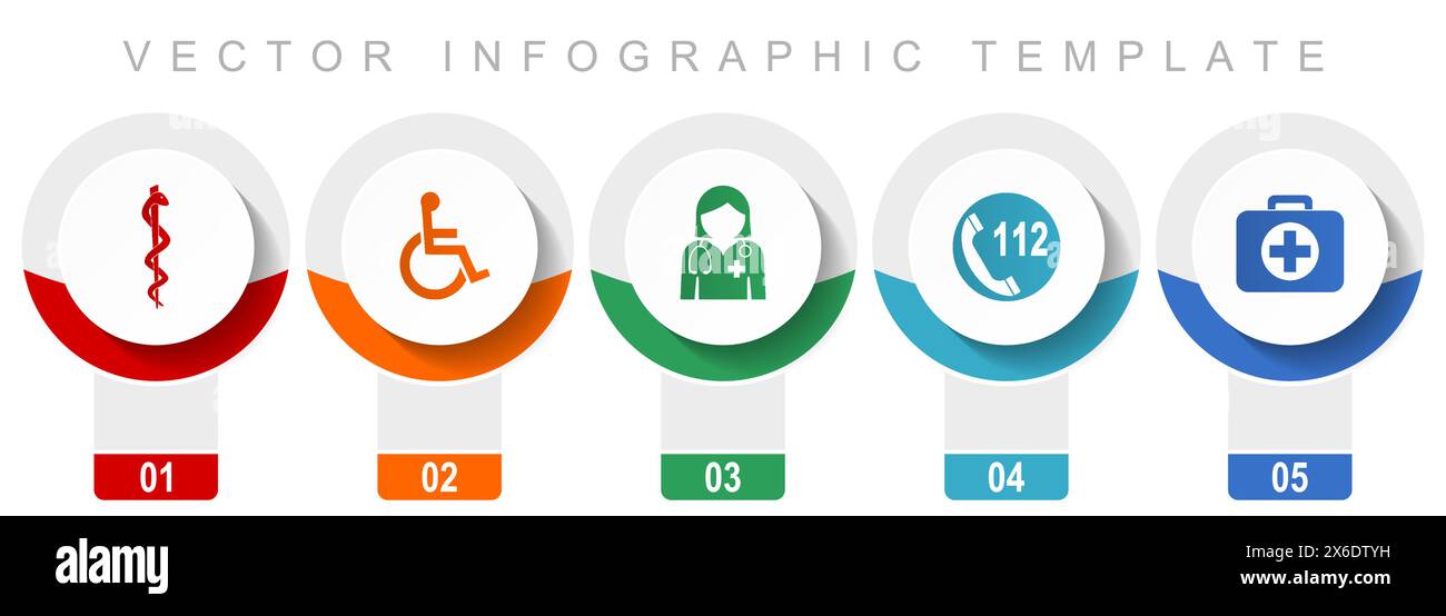 Symbolset für das Gesundheitswesen, verschiedene Vektorsymbole wie Cadyceus, erste Hilfe, Arzt, Notruf und Rollstuhl, modernes Design Infografik Vorlage Stock Vektor