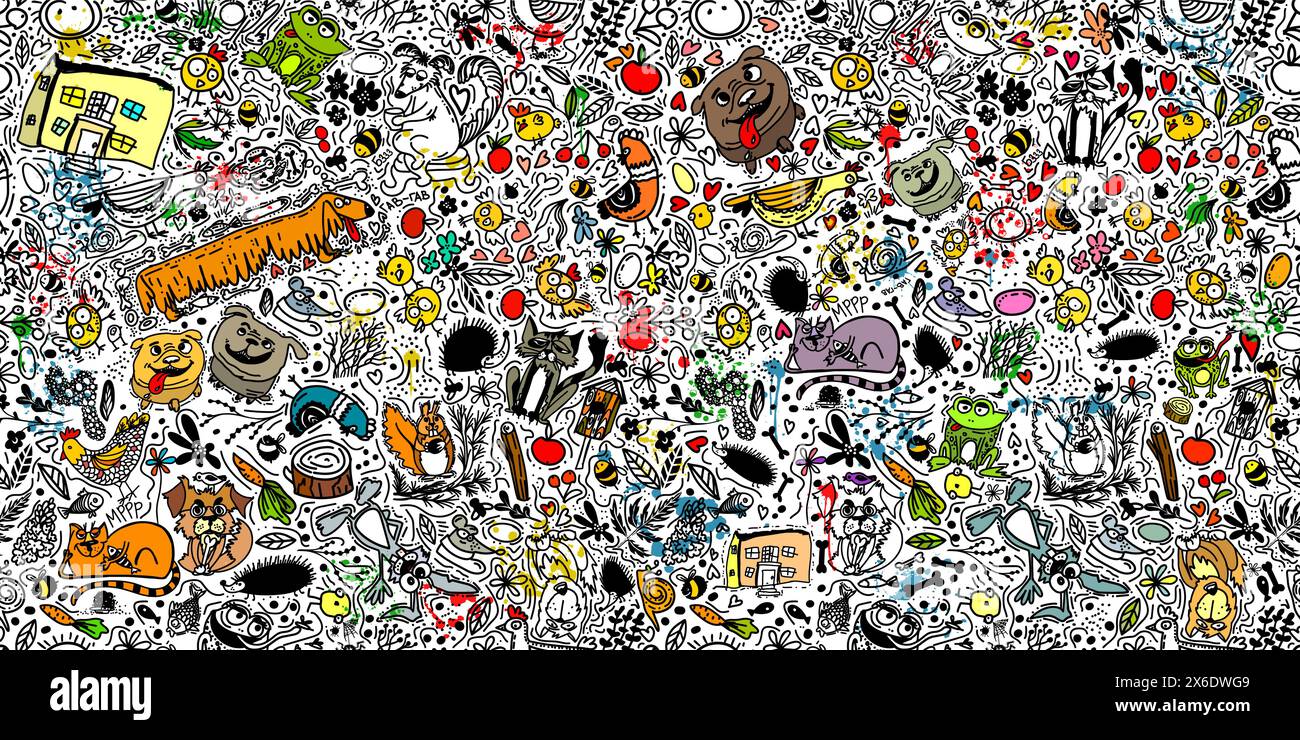 Nahtloses Muster von niedlichen Linien verschiedener Tiere. Tapeten für ein Kinderzimmer drucken. Handzeichnung. Nicht AI, Vektorillustration Stock Vektor