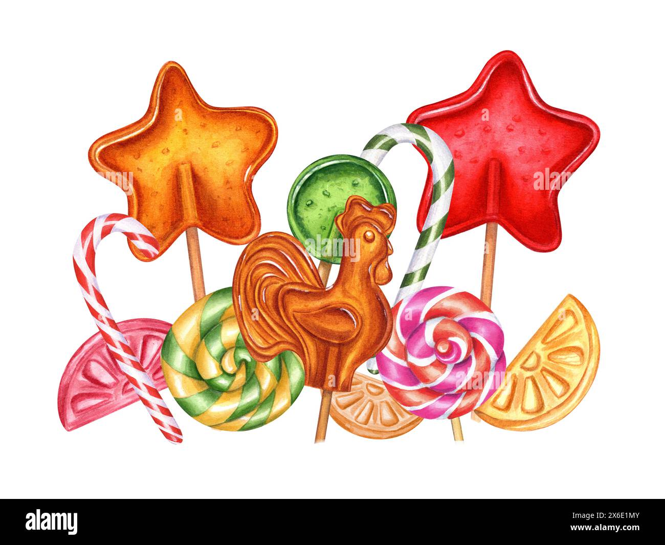 Mehrfarbige Lutscher auf Stäbchen. Sternförmige Süßigkeiten, spiralförmige und runde Lollypops, runde Bonbons, Zuckerhahn und Bonbons. Mischen Sie leckere Karamelle Stockfoto