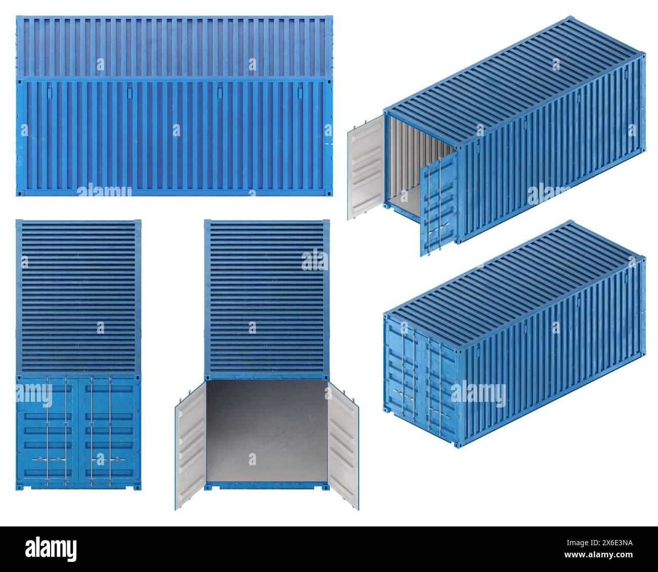 3D-Darstellung eines Sets von Frachtcontainern in mehreren isometrischen ortographischen Ansichten. Geöffnet und geschlossen. Blaue Farbe. Stockfoto