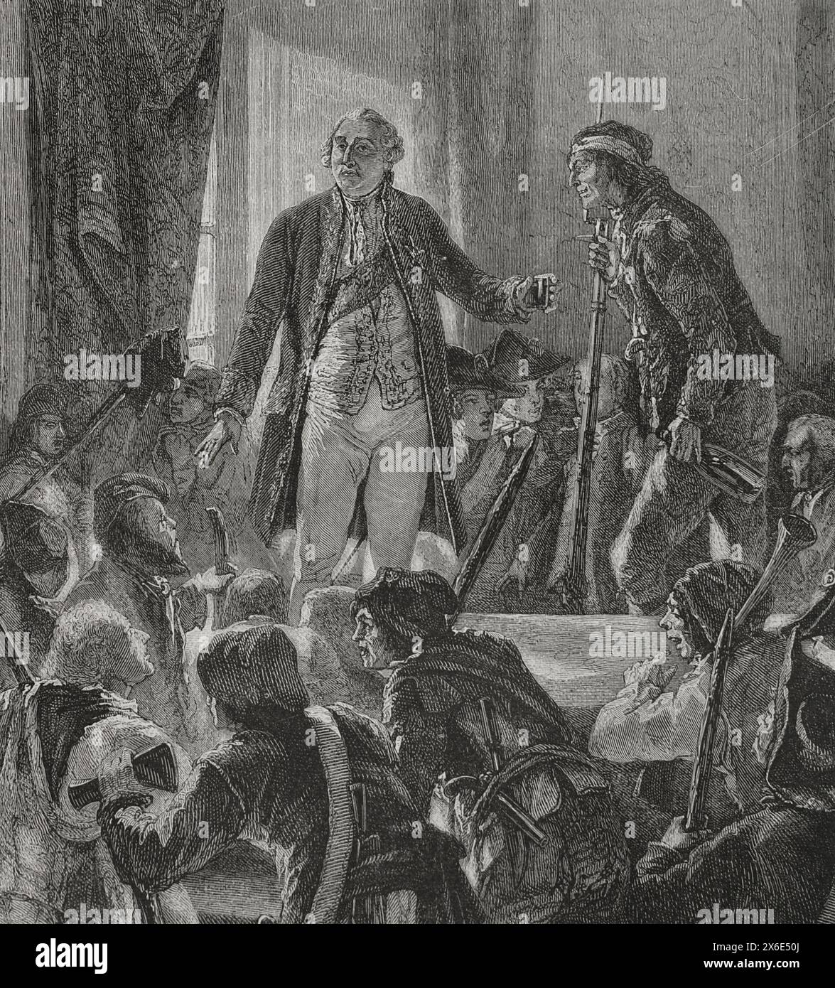Französische Revolution. Paris. Am 20. Juni 1792 Griff die Menge den Tuilerien-Palast an, in dem König Ludwig XVI. (1754–1793) Zuflucht suchte. Der Mob zwang den Monarchen, auf dem Balkon zu erscheinen, zog eine Phrygianische Mütze an und trank für die Gesundheit der Menschen, was er zustimmte. Ludwig XVI. Trinkt für die Gesundheit der Nation. Zeichnung von Hippolyte de la Charlerie. Gravur von Jonnard. Details. "Geschichte der Französischen Revolution". Band I, 1876. Stockfoto
