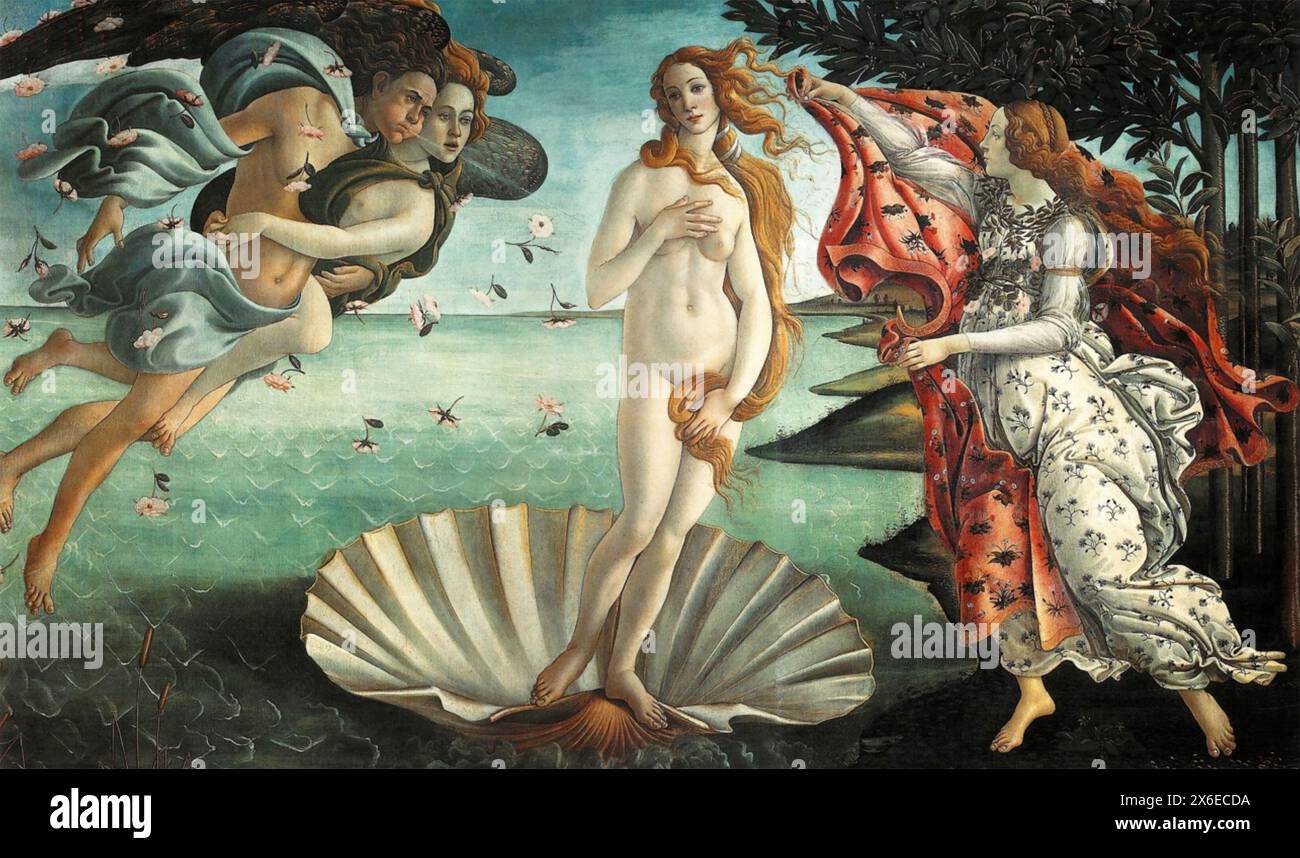DIE GEBURT DER VENUS von Sandro Botticelli gemalt um 1484-1486, heute in den Uffizien in Florenz. Stockfoto