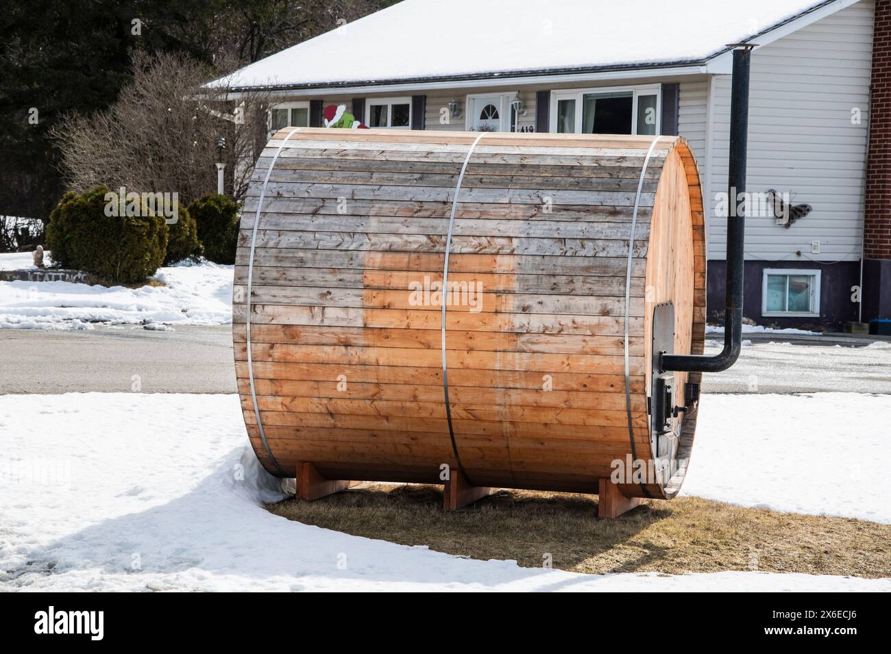 Runde Holzsauna in Whitney in Miramichi, New Brunswick, Kanada Stockfoto