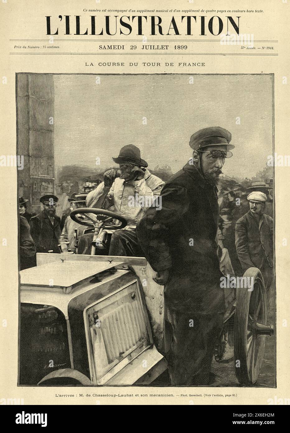 Vintage Picture, Tour de France Automobile, Ankunft: Mr. De Chasseloup-Laubat und sein Mechaniker, ein Sportwagenrennen, das 1899 auf Straßen in Frankreich stattfand Stockfoto