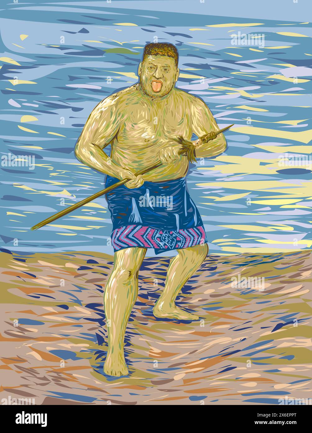 Der Kunststil eines Maori-Kriegers nach dem Impressionismus, der den zeremoniellen Haka-Maori-Kriegstanz oder die Herausforderung von vorne aus aufführt. Stock Vektor