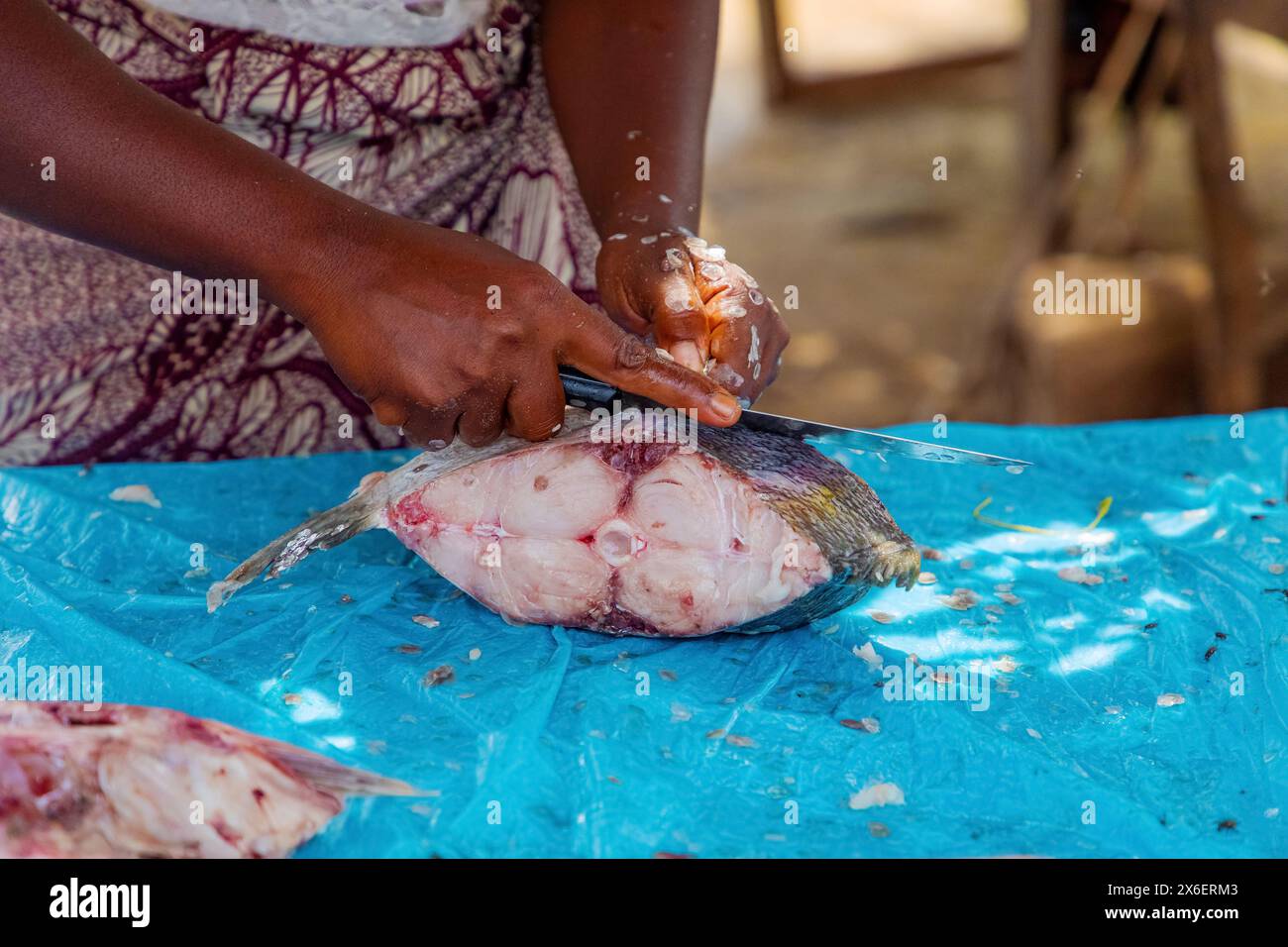 Frischer Fisch, lokaler Markt. Frauen putzen und verkaufen frischen Fisch. Hände und Stücke fischen im Fokus. Lokaler Geschmack. Stockfoto