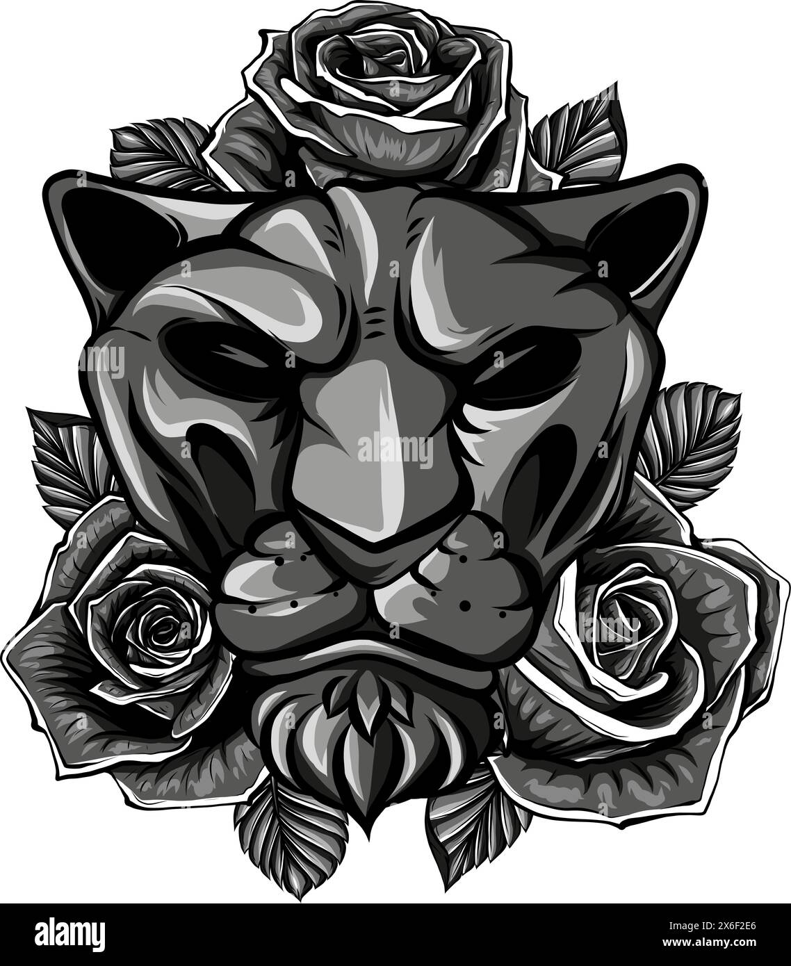 vektordarstellung eines monochromen Löwen mit Rose auf weißem Hintergrund Stock Vektor