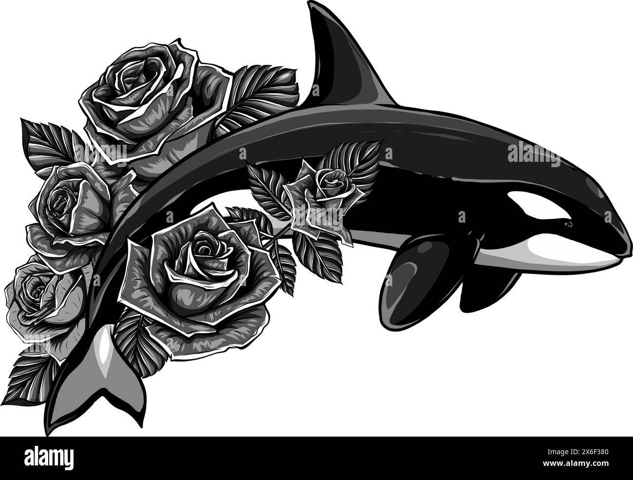 Monochrome Zeichnung eines springenden Orca-Wals mit Rosen Stock Vektor
