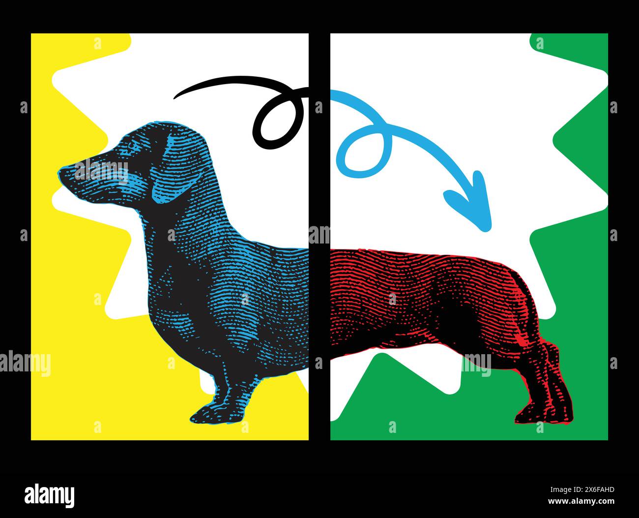 Dackelhund-Kunstwerke, Dackelhund-Poster, wiener- oder Wursthund-Set-Poster, Pop-Art-Stil für Wohndekoration, Kunstdrucke für Innenräume Stock Vektor