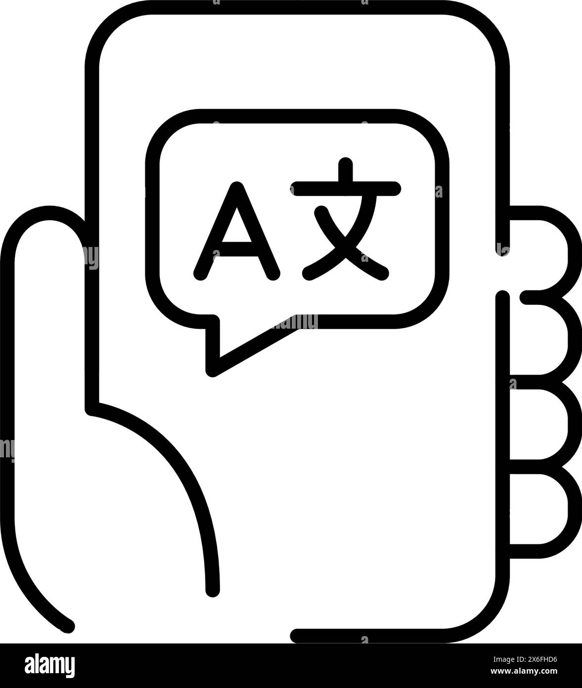 Handheld-Smartphone mit Übersetzungssymbolen mehrsprachige Sprechblase. Online-App. Pixelperfektes, bearbeitbares Konturvektorsymbol Stock Vektor