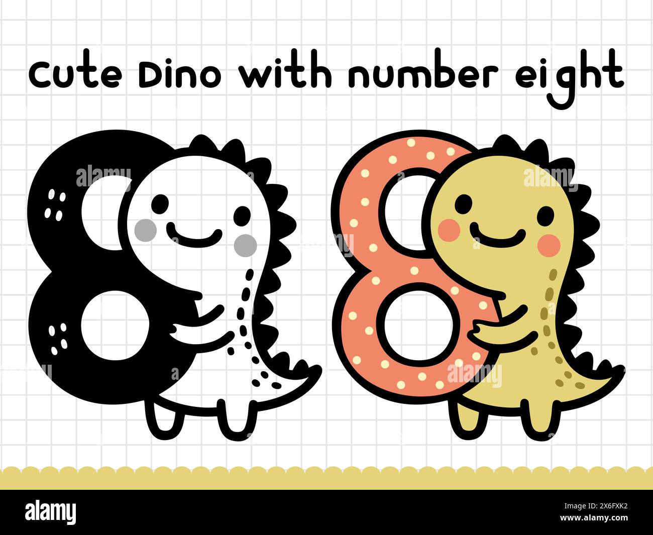 Niedlicher Doodle-Dinosaurier mit Nummer acht für Vorschulkinder. Vektorabbildung. Stock Vektor