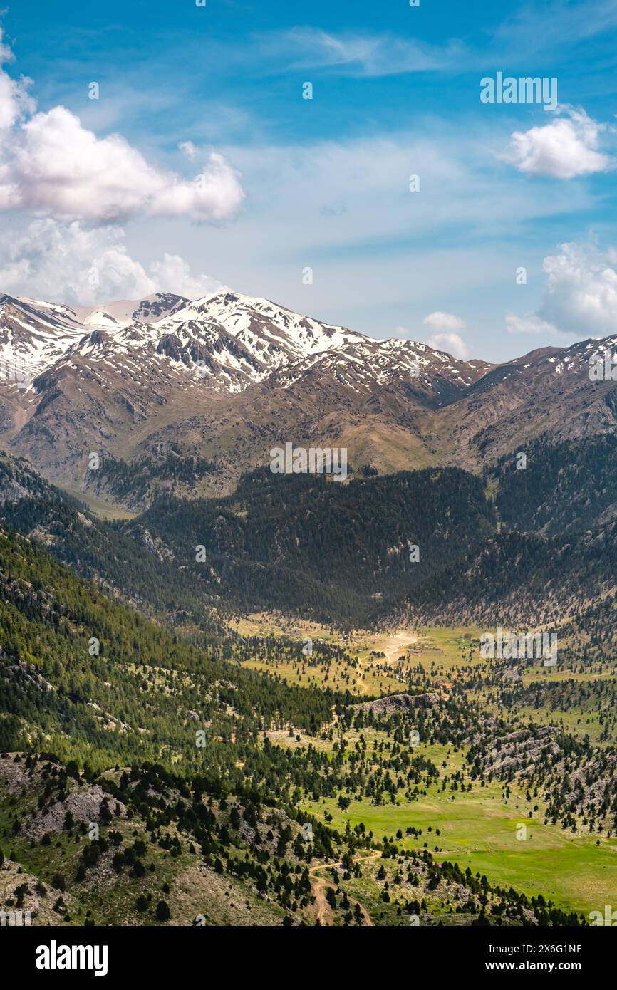 Das üppig grüne Sobucimen-Plateau im Frühling und die Berge mit etwas geschmolzenem Schnee dahinter. Stockfoto