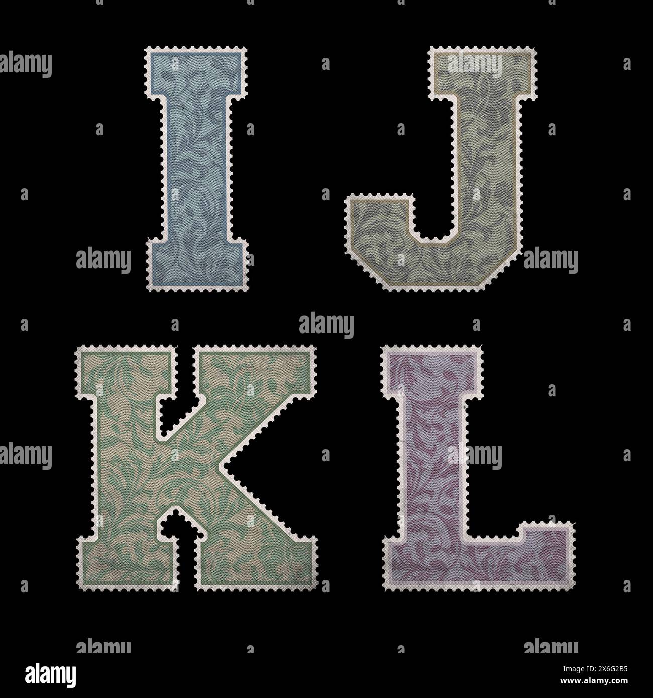Alphabet im Vintage-Stil mit Großbuchstaben und Ziffern - Buchstaben I-L Stockfoto