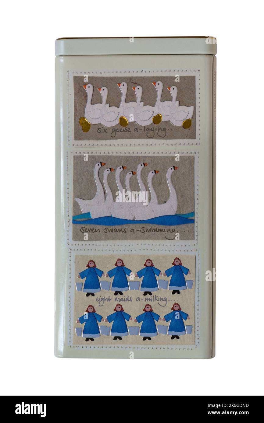 12 Tage Weihnachtsdose mit traditionellen Choc Chip Cookies isoliert auf weißem Hintergrund - für die Tage 1,2,3,4 siehe 2X6GDRB, die Tage 9,10,11,12 siehe 2X6GDR2 Stockfoto