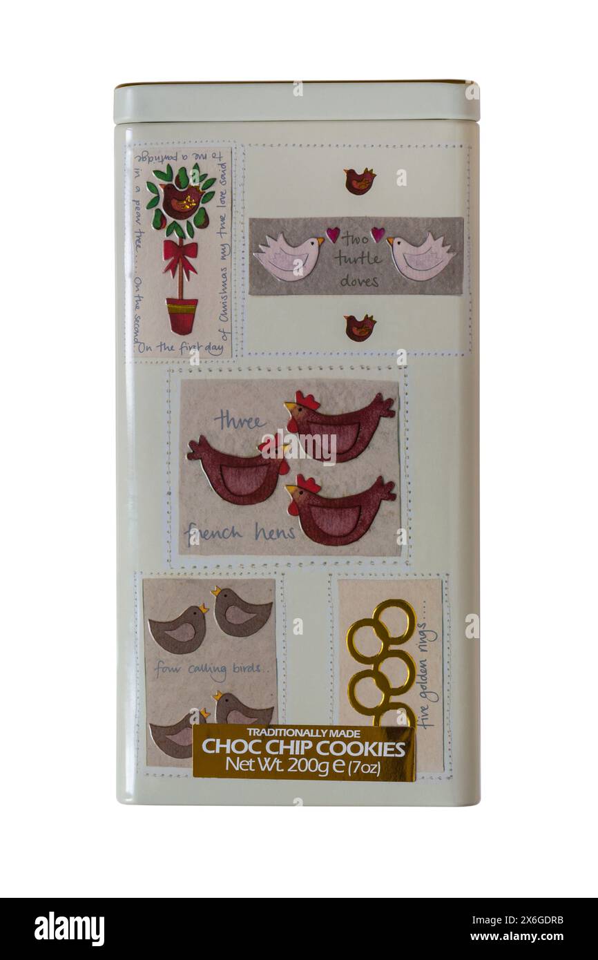 12 Tage Weihnachtsdose mit traditionellen Choc Chip Cookies isoliert auf weißem Hintergrund – für die Tage 6,7.,8, siehe 2 x 6 GDND Tage 9,10,11,12, siehe 2 x 6 GDR2 Stockfoto