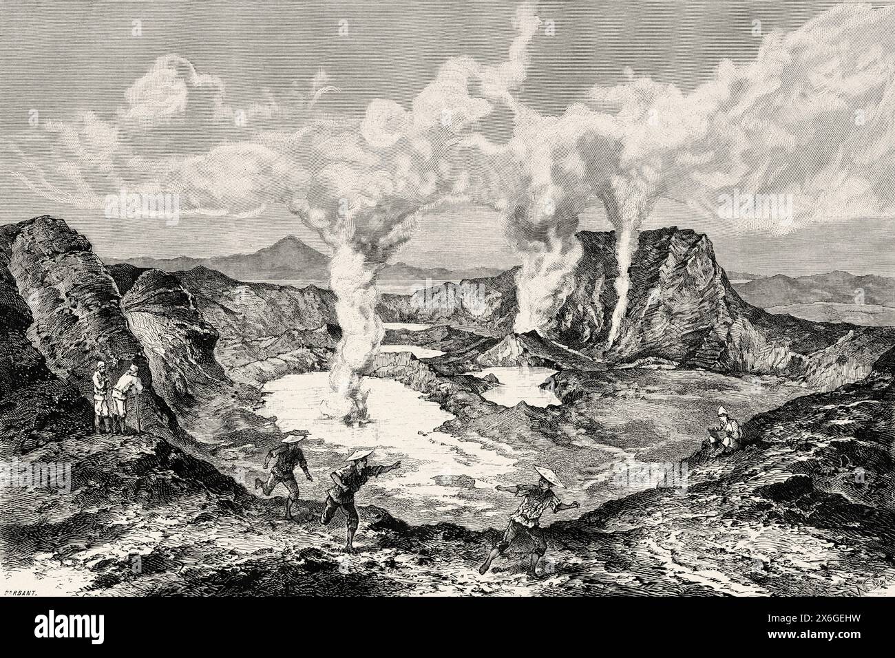 Der Taal-Vulkan ist ein aktiver Vulkan an der Westküste der Insel Luzon in Südasien. Zeichnung von Theodore Weber (1838–1907) Luzon und Palawan, sechs Jahre Reise auf den Philippinen von Alfred Marche (1844–1898) Le Tour du Monde 1886 Stockfoto