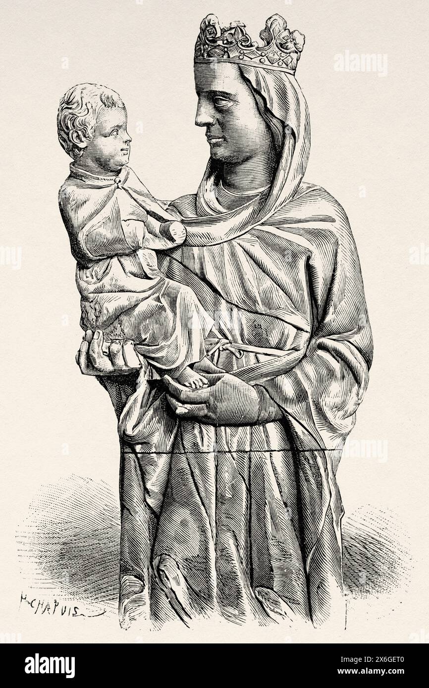 Madonna der Gespräche von Giovanni Pisano, Museo dell'Opera del Duomo, Pisa. Toskana, Italien. Europa. Zeichnung von Chapuis. Reisen Sie durch die Toskana 1881 mit Eugene Muntz (1845 - 1902) Le Tour du Monde 1886 Stockfoto