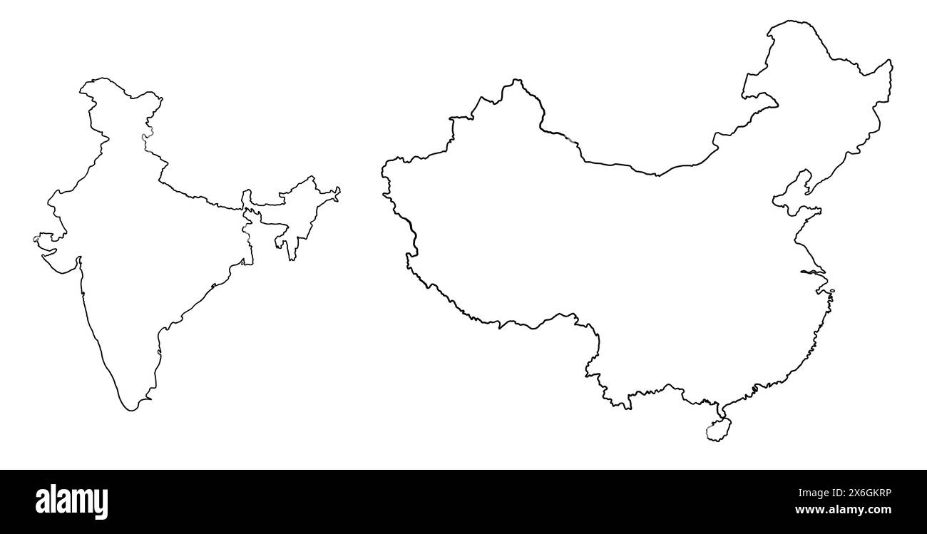 Konturzeichnung von China und Indien. Kartendarstellung asiatischer Länder. Stockfoto