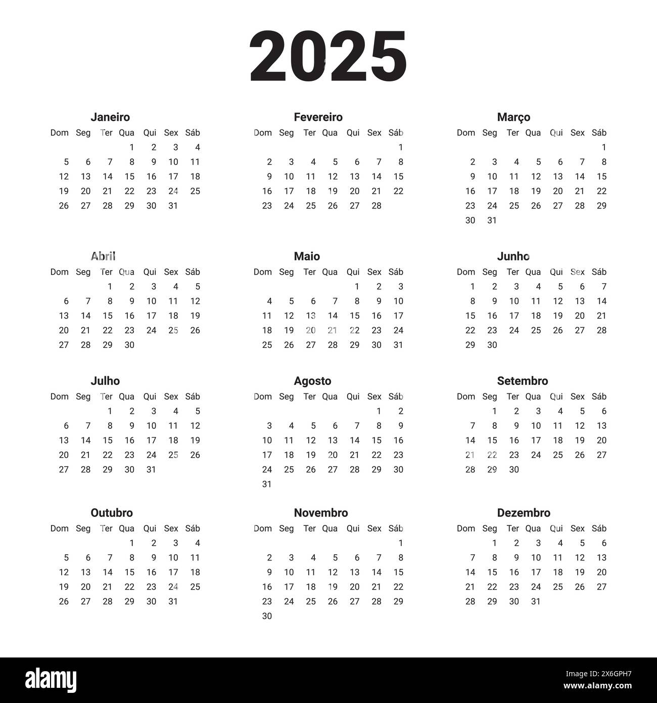 Vertikaler Vorlagenkalender Neujahr 2025. Portugiesisches Kalenderdesign. Die portugiesische Woche beginnt am Montag. Jährliches Raster auf weiß. Stock Vektor