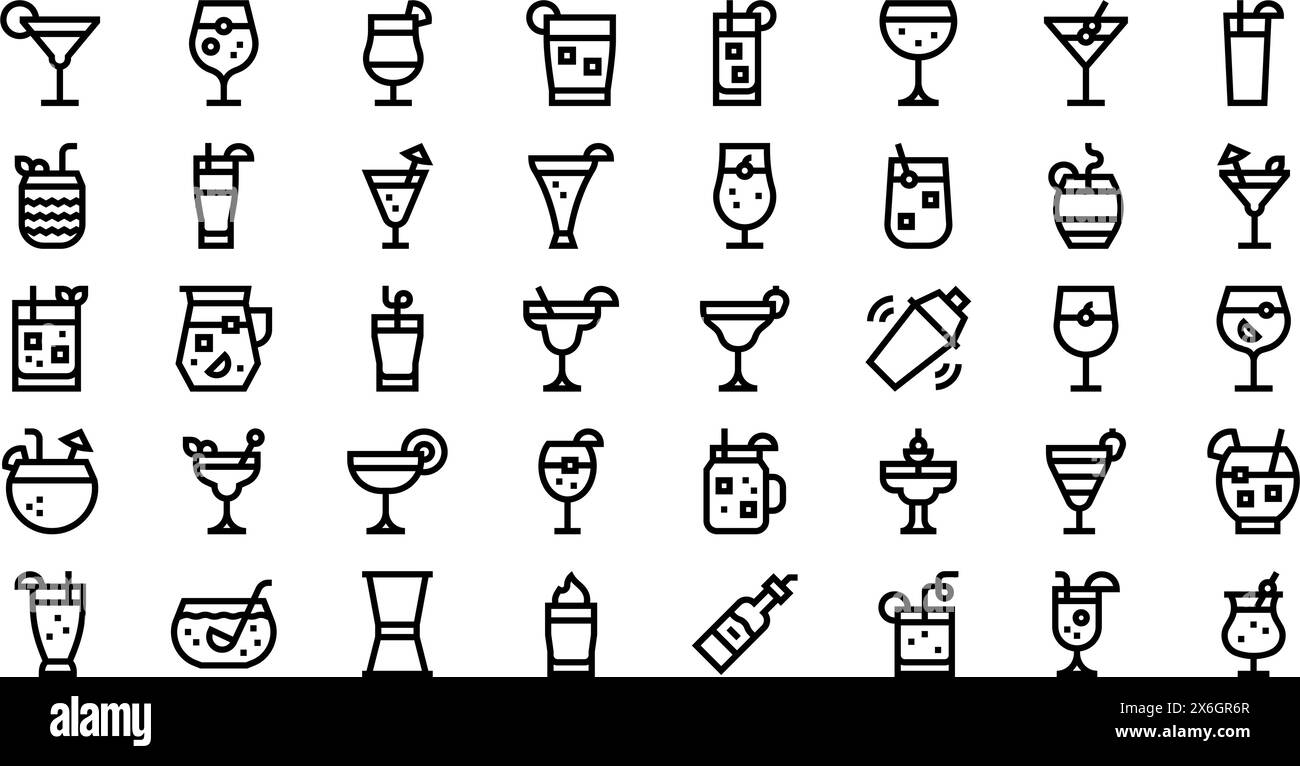 Die Kollektion Cocktails Icons ist eine Vektorillustration mit bearbeitbarem Strich. Stock Vektor