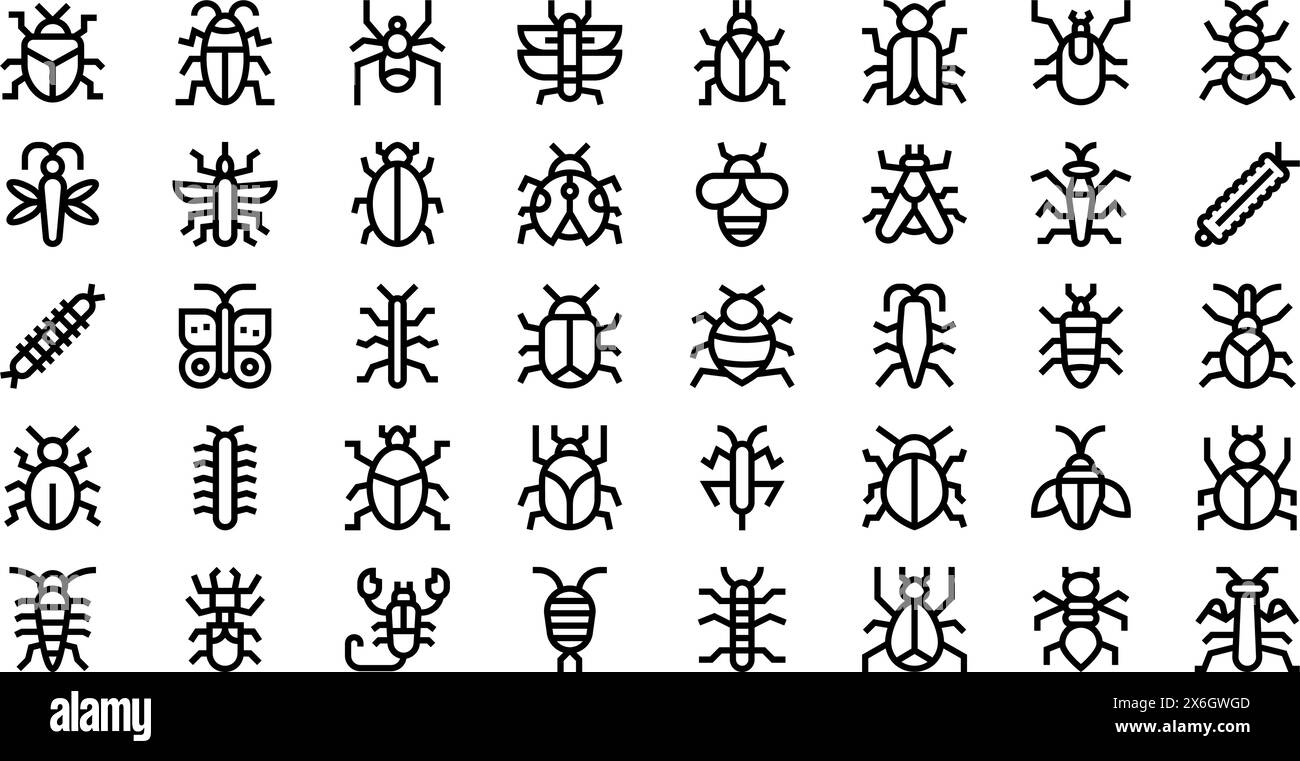 Die Sammlung Insekten Icons ist eine Vektorillustration mit bearbeitbarem Strich. Stock Vektor