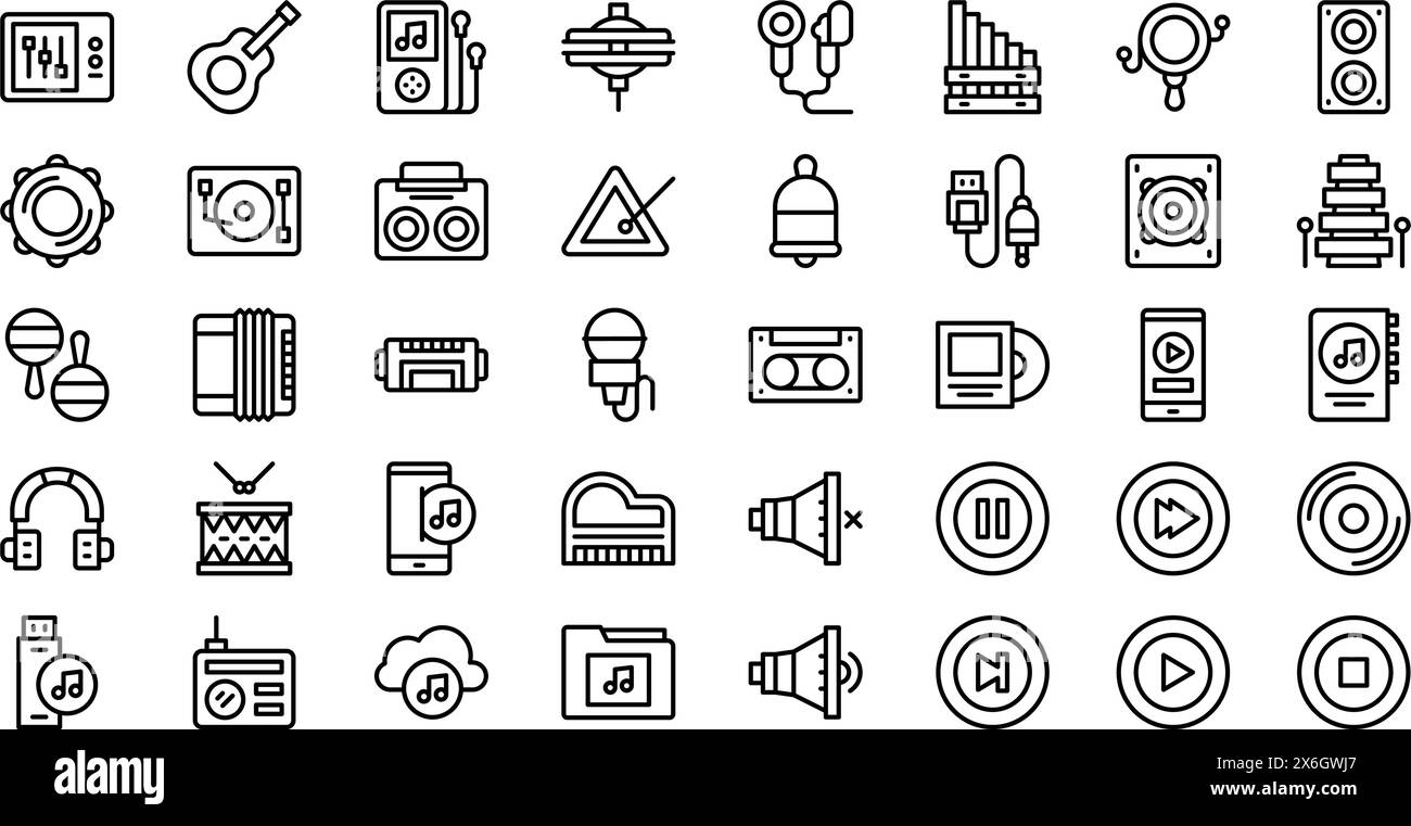 Die Sammlung „Musiksymbole“ ist eine Vektorillustration mit bearbeitbarem Strich. Stock Vektor
