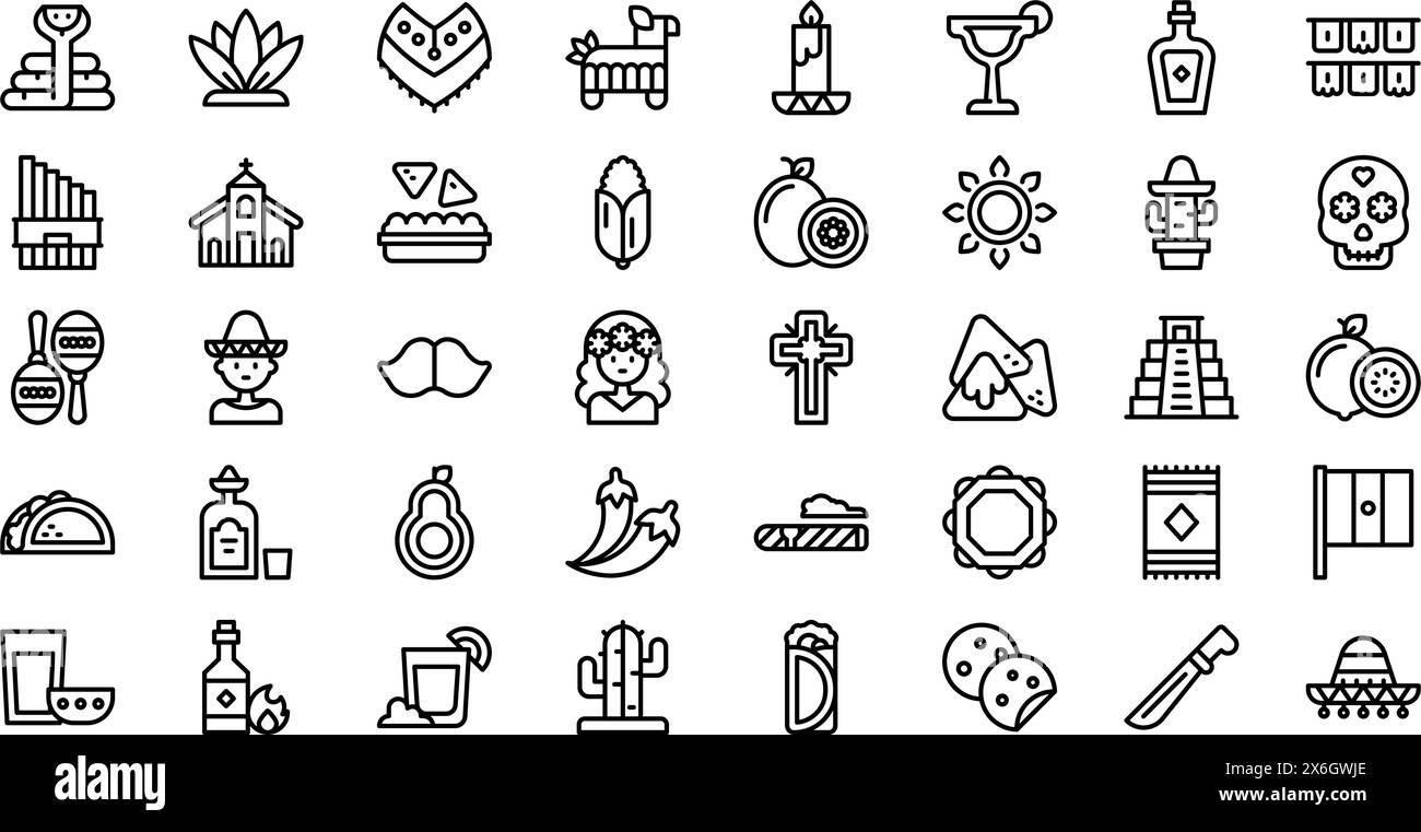 Die Kollektion Mexico Icons ist eine Vektorillustration mit bearbeitbarer Kontur. Stock Vektor