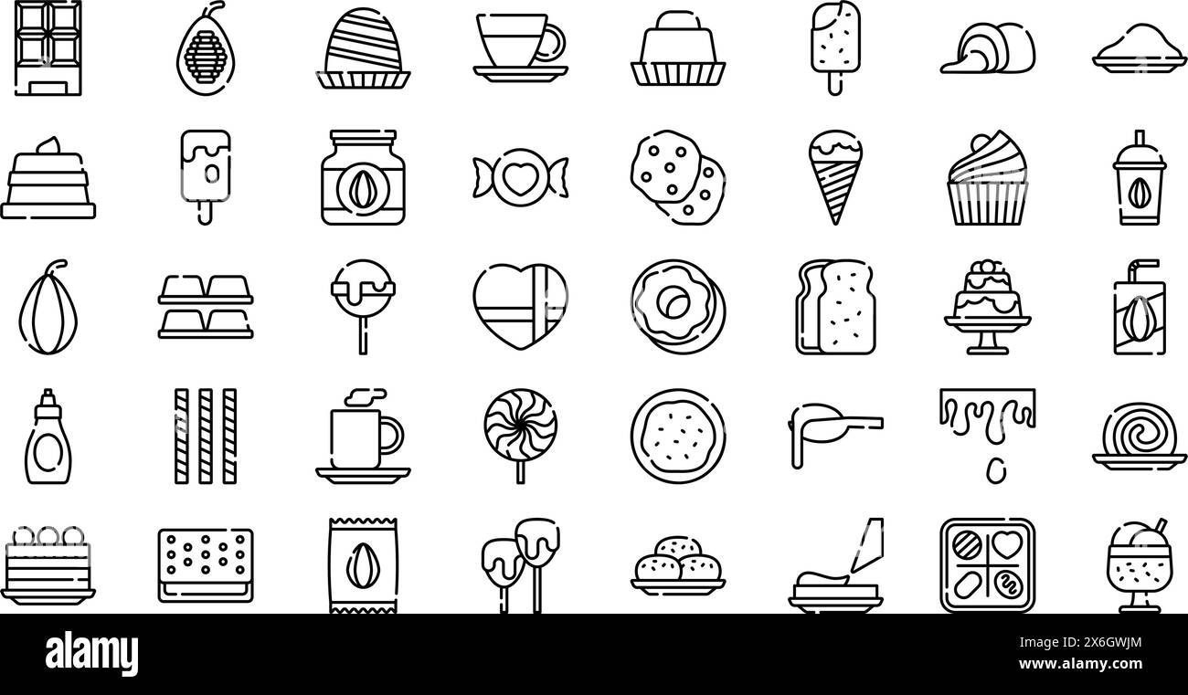 Die Kollektion Chocolate Icons ist eine Vektorillustration mit bearbeitbarem Strich. Stock Vektor