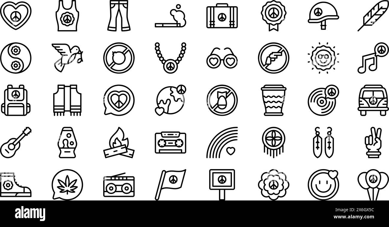 Hippies Icons Collection ist eine Vektorillustration mit bearbeitbarem Kontur. Stock Vektor