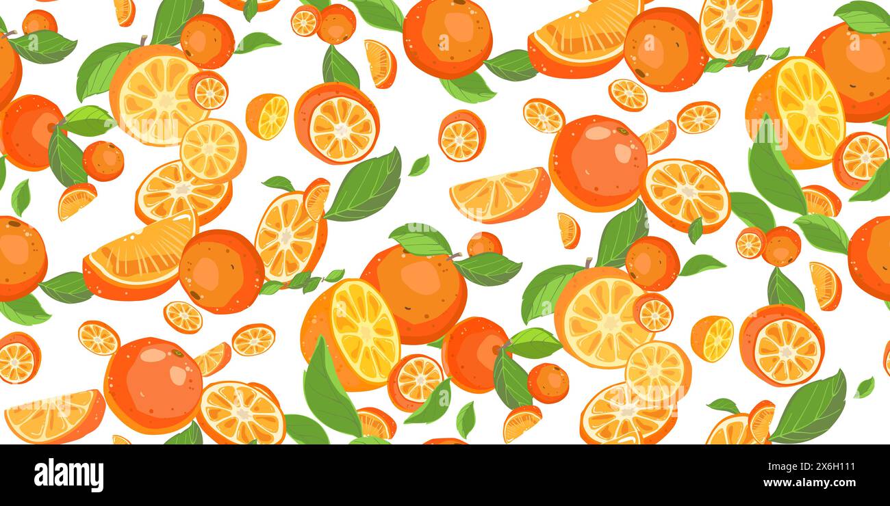 Frisches, saftiges Orangenfrucht. Ganze Orange, geschnittene Orangen, Scheiben und Blätter. Bio-Früchte für Limonadensaft, Vitamin C gesunde Lebensmittel. Nahtloser Vektor DE Stock Vektor