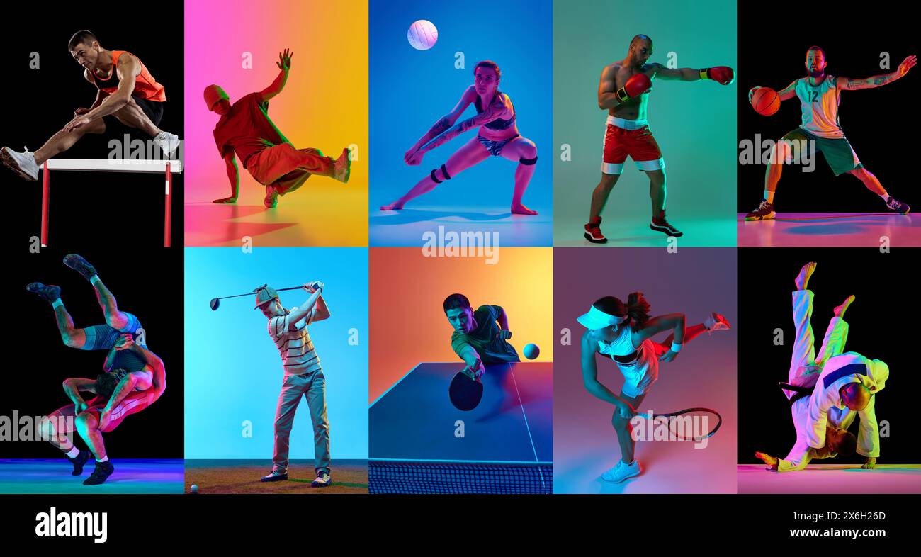 Collage. Verschiedene Sportarten. Dynamische Aufnahmen von Sportlern, die im Neonlicht trainieren, vor Gradientenstudio-Hintergrund. Stockfoto