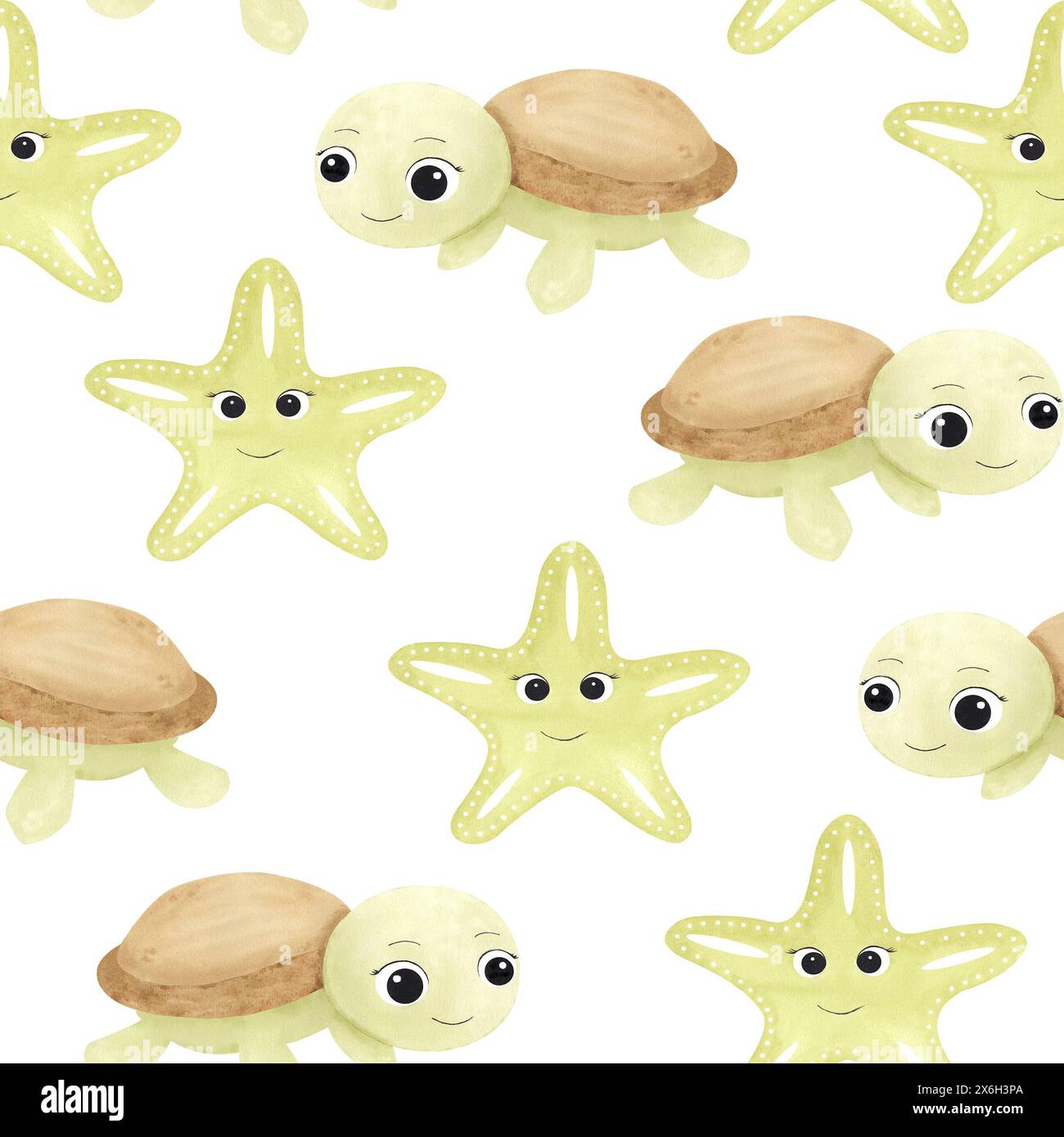Nahtloses Aquarellmuster von schönen niedlichen Meerestieren mit großen Augen: Schildkröte und Seesterne. Illustrationen für Design, Babydusche, Geschenkpapier Stockfoto