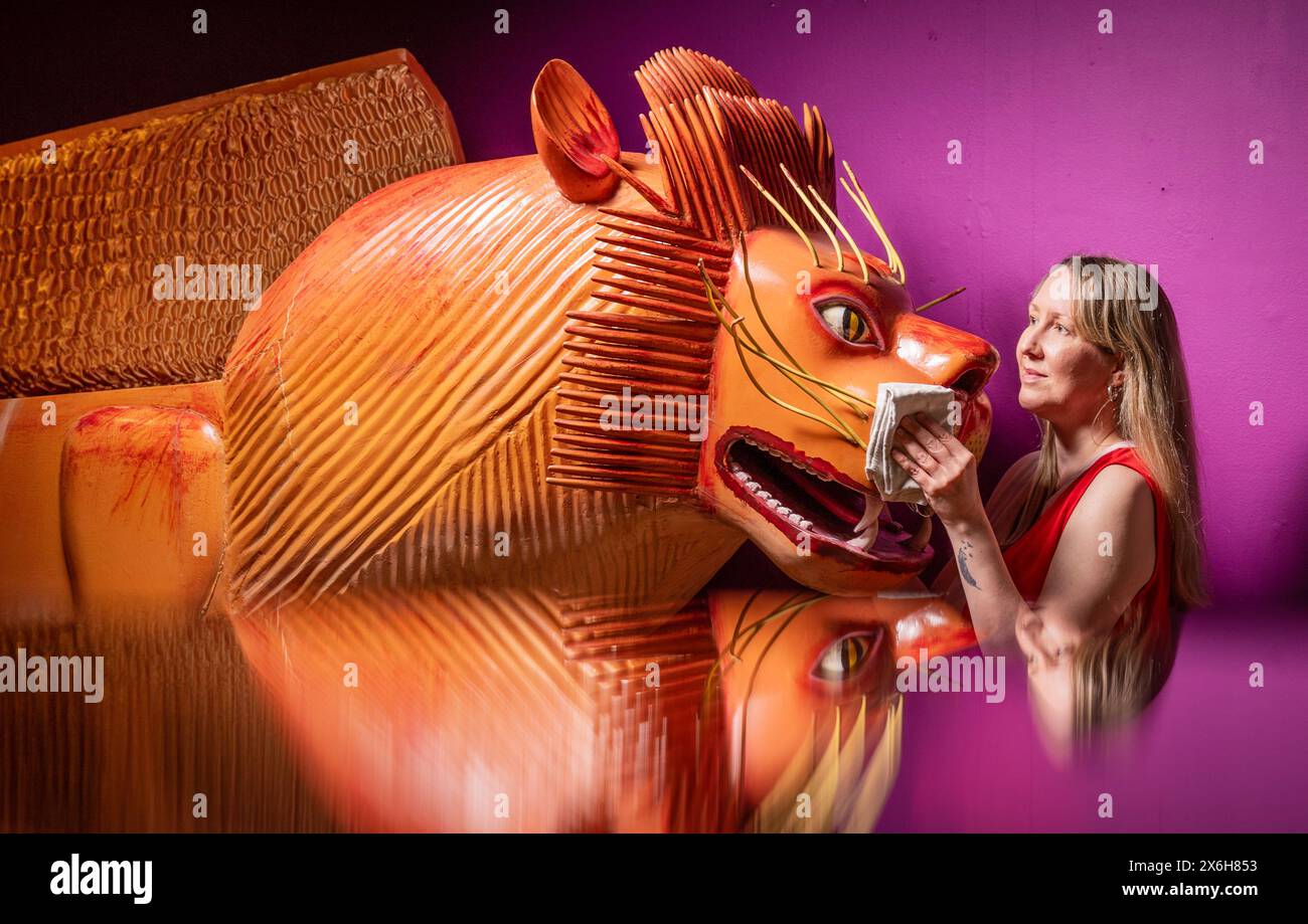 Kat Baxter, Kurator der Archäologie, reinigt einen löwenförmigen Sarg (reflektiert in einem Glasschrank), der von der weltberühmten ghanaischen Sargenschreinerin Paa Joe hergestellt wurde, bekannt für die Schnitzerei von raffinierten benutzerdefinierten Aebuu Adekai, oder „Sprichboxen“, die darauf abzielen, Elemente des Lebens des Verstorbenen festzuhalten. Der Sarg ist Teil der Ausstellung Living with Death im Leeds City Museum, die die verschiedenen Arten erforscht, wie Menschen Tod, Sterben und Trauer erleben. Bilddatum: Mittwoch, 15. Mai 2024. Stockfoto