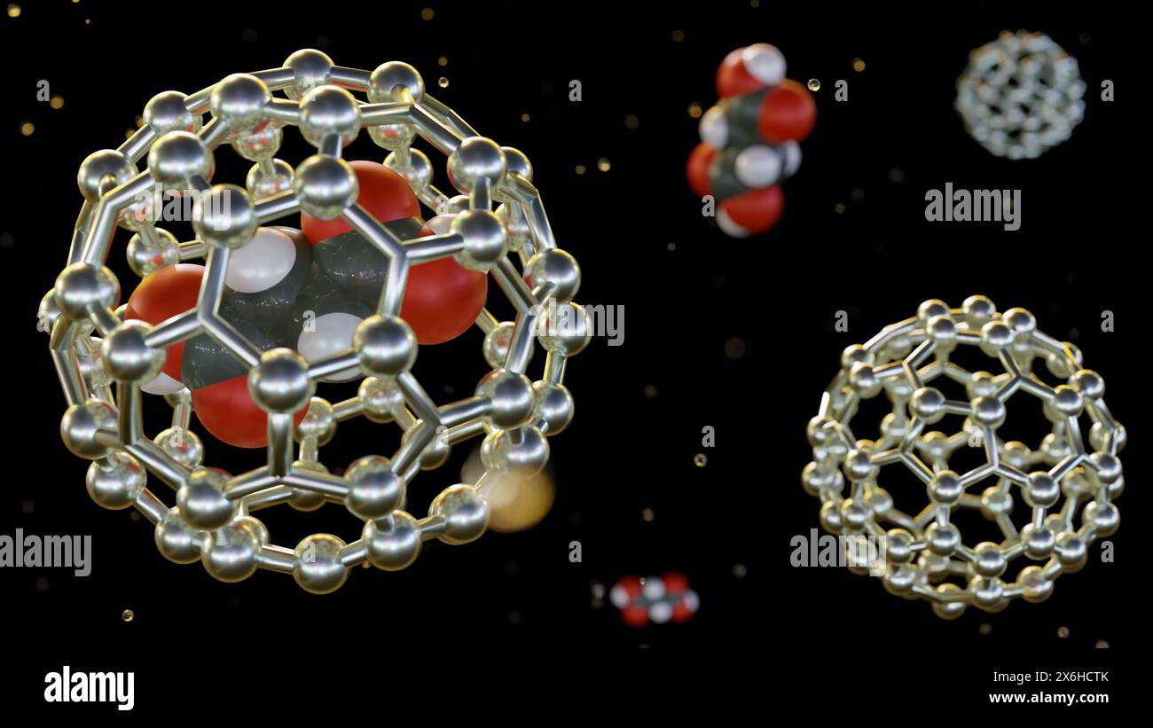 3D-Darstellung von Arzneimittelmolekülen im Fulleren Stockfoto